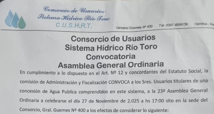 Convocan a la Asamblea General Ordinaria del Consorcio de Usuarios del Sistema Hídrico Río Toro